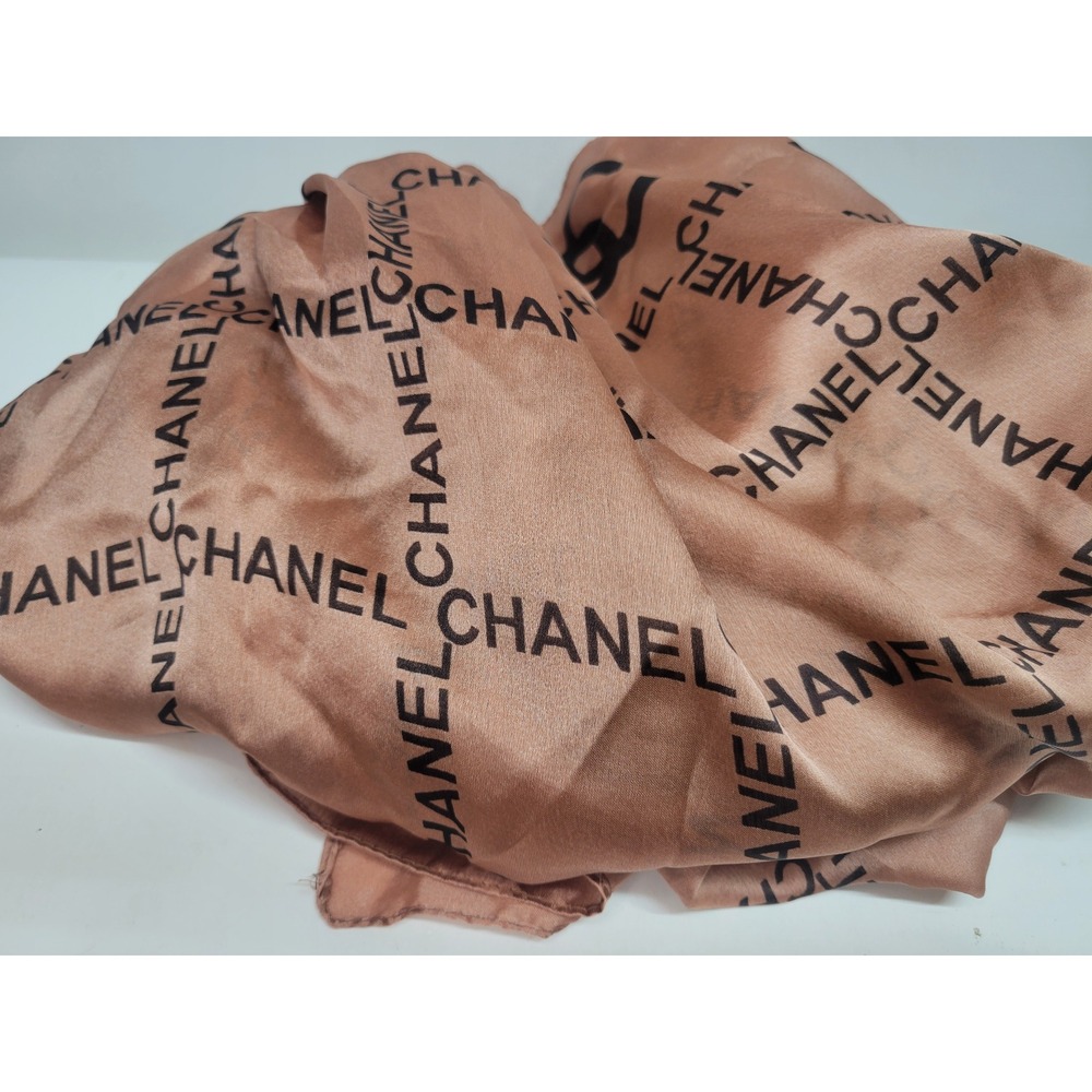 Chanel Silk Scarf CC Logo Print Beige Made in France Luxury Accessory 72x36 - Picture 2 of 7